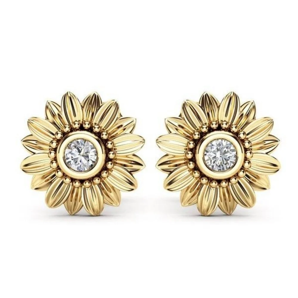 18K Yellow Gold Diamond Sunflower Stud Earrings - Picture 1 of 3